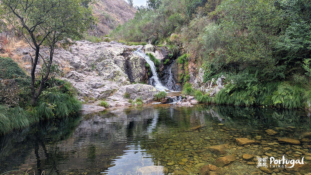 Where to Swim in Gerês National Park: 20 Best Natural Pools 18 A small waterfall and a medium-sized pool with emerald-green water, surrounded by forest and rocks.