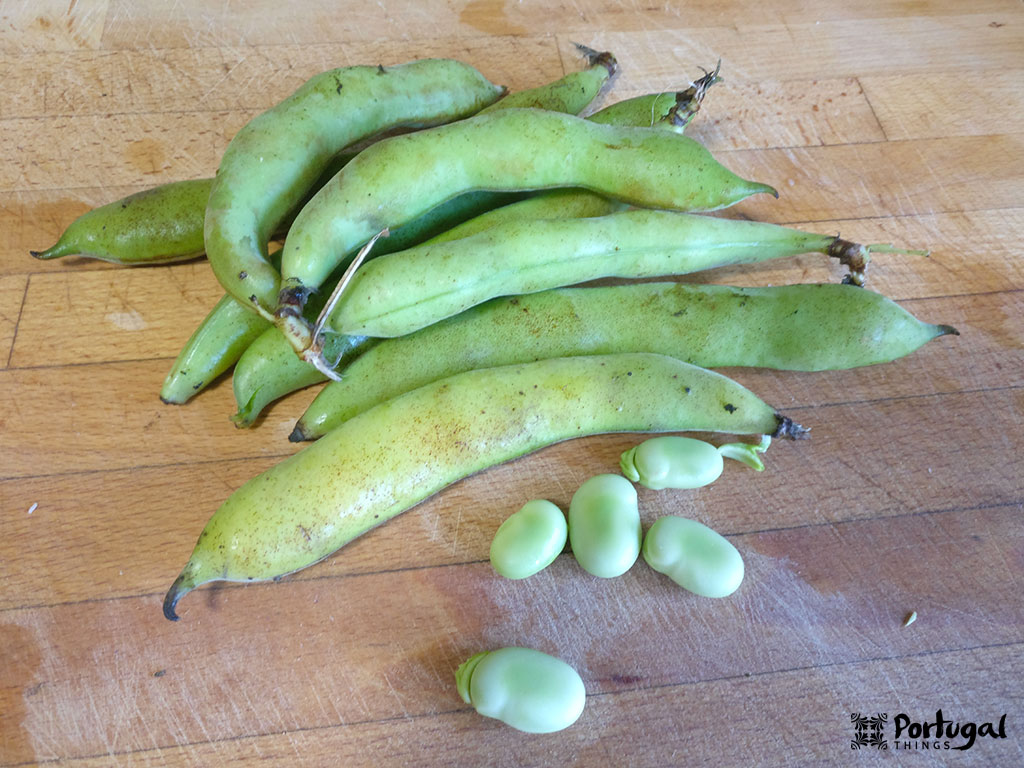 Several green broad bean pods and some shelled broad beans are displayed on a wooden surface, perfect for preparing the Broad Bean Recipe.