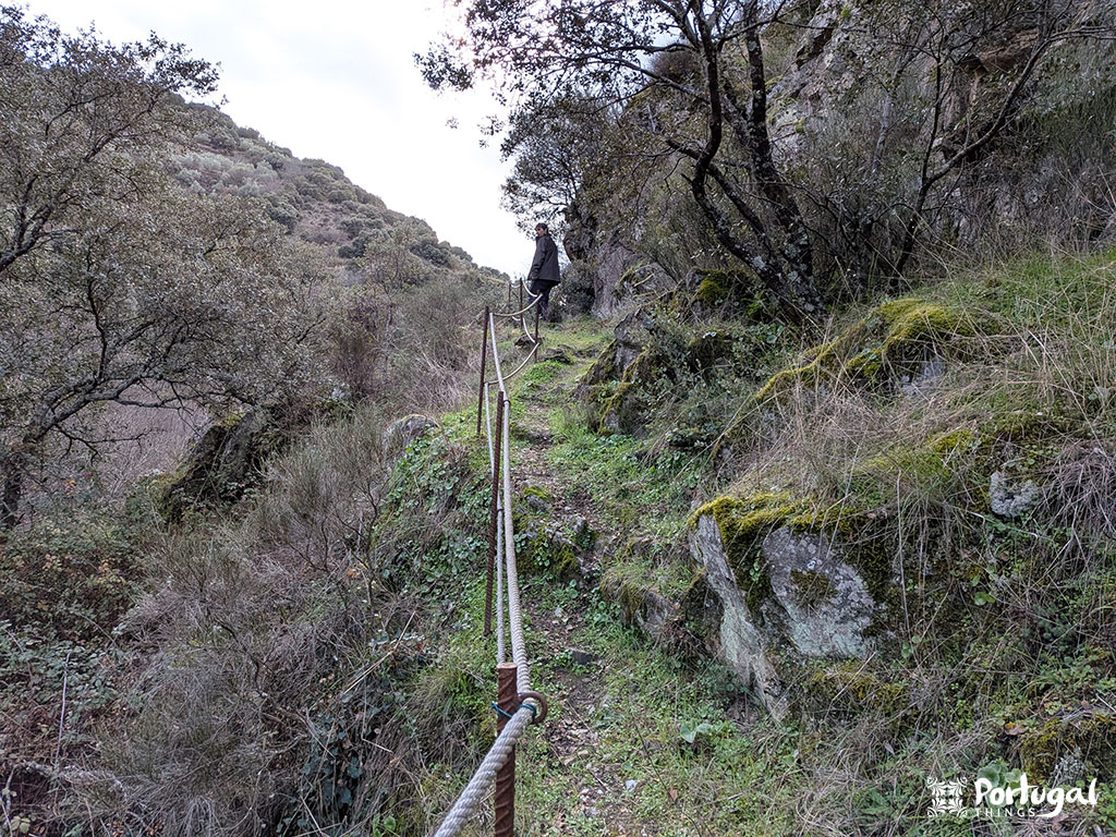 Um trilho de caminhada estreita e rochosa com um corrimão de corda serpenteia ao longo de uma encosta coberta de grama, arbustos e árvores. Uma pessoa está à frente no famoso Trilho da Cascata Faia d'Água Alta.