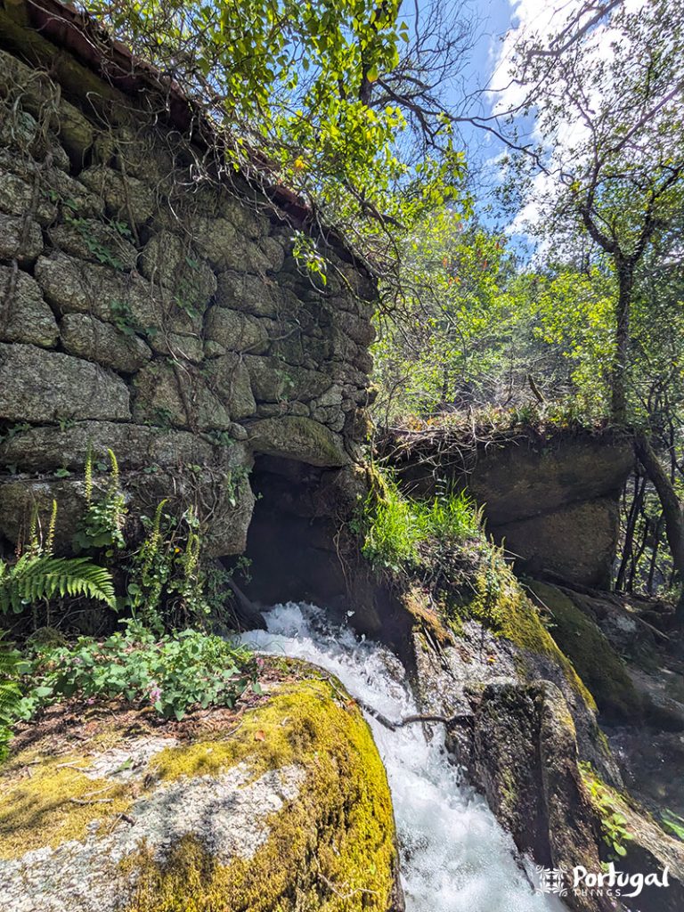 A small stone building sits beside a stream along the Ave Mills Trail, surrounded by moss-covered rocks, ferns, and leafy trees under a clear, partly cloudy sky. The logo of Turismo de Portugal appears in the corner.