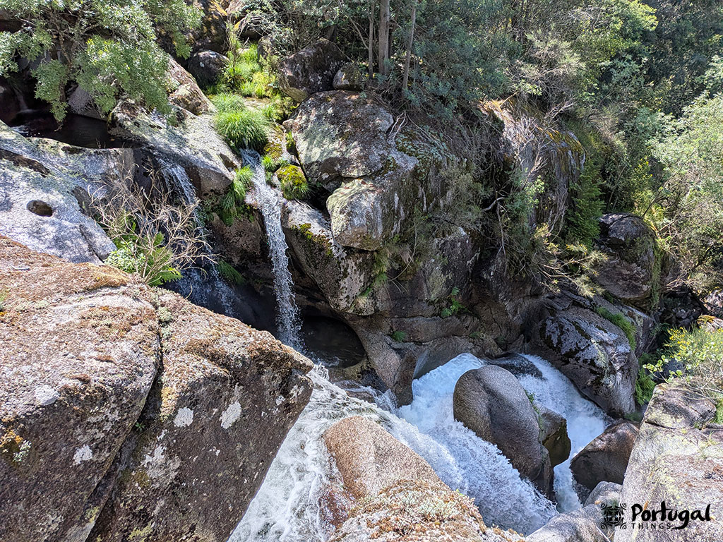 A gentle waterfall cascades over moss-covered rocks amidst lush green foliage along the famous Ave Mills Trail hiking trail. The clear water, part of the Ave River, flows into a rocky pool below.