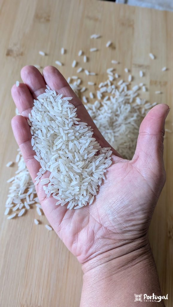 Hand holding grains of rice agulha from Portugal