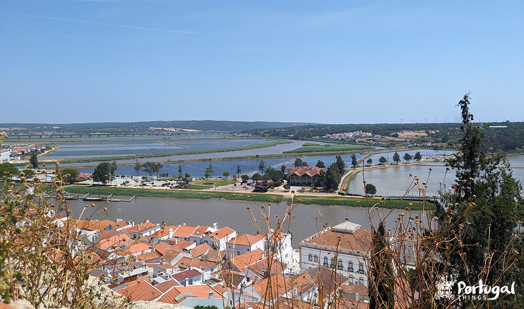 Uma vista panorâmica de Alcácer do Sal, em Portugal, mostrando prédios com telhados vermelhos à beira de um rio, campos onde o arroz português é cultivado e uma árvore em primeiro plano, com um céu azul e colinas distantes ao fundo.