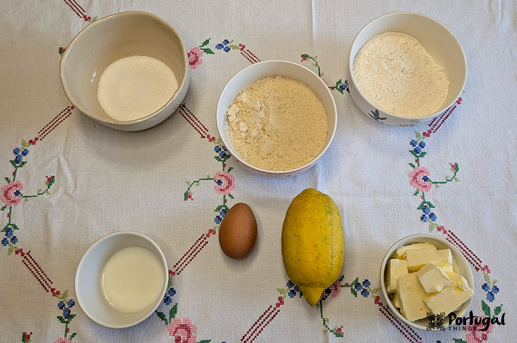 Ingredients for the almond tart base: almond flour, all-purpose flour, sugar, butter, egg, and lemon.