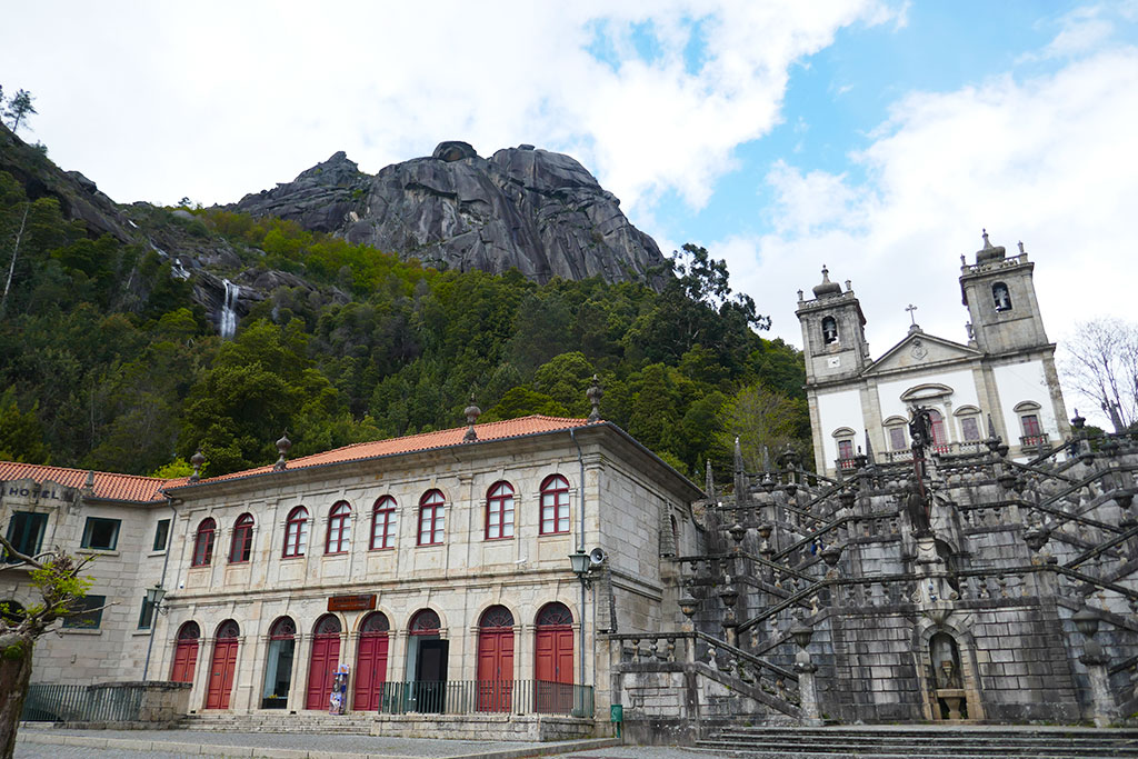 Sanctuary of Peneda with a waterfall in the background, Northern Portugal.