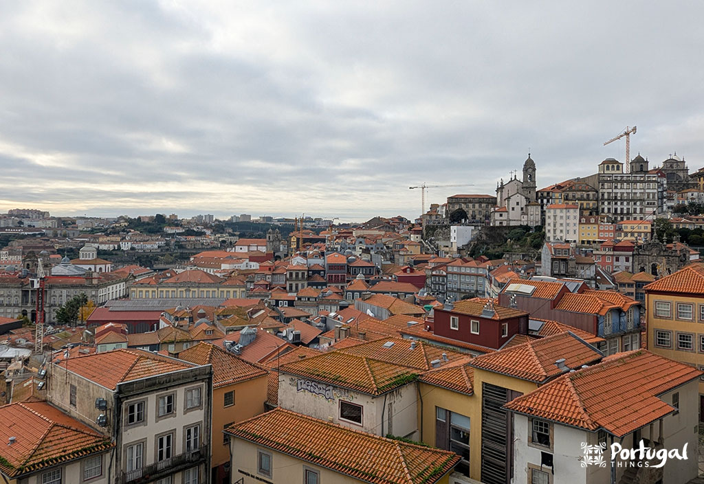 Vista da cidade do Porto com vários prédios, o palácio da bolsa e outros monumentos de interesse.