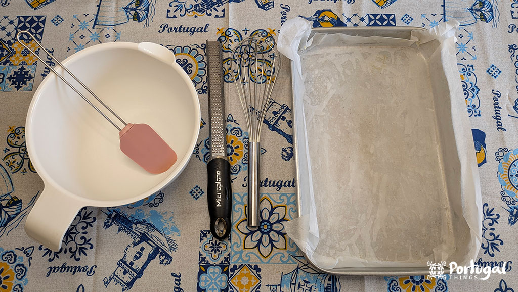On the table, there is some equipment for making the lemon tart.