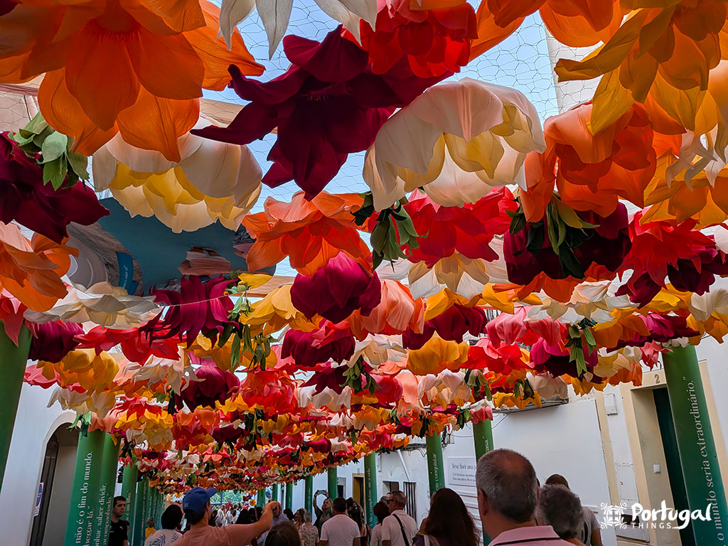 grandes flores a decorrar a rua são slores rosa, vermelho e beje