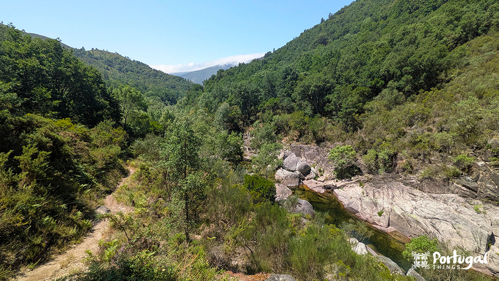 Um rio num desfiladeiro com montanhas e árvores no geres