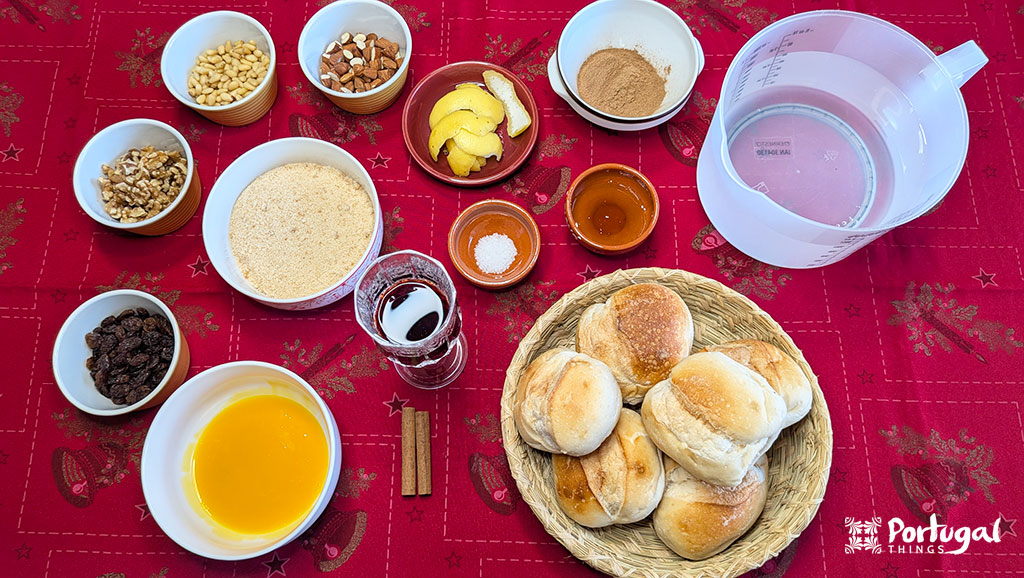 Mexidos: A Traditional Portuguese Christmas Dessert 3 Various ingredients for making mexidos, including water, egg yolks, bread, sugar, and more.
